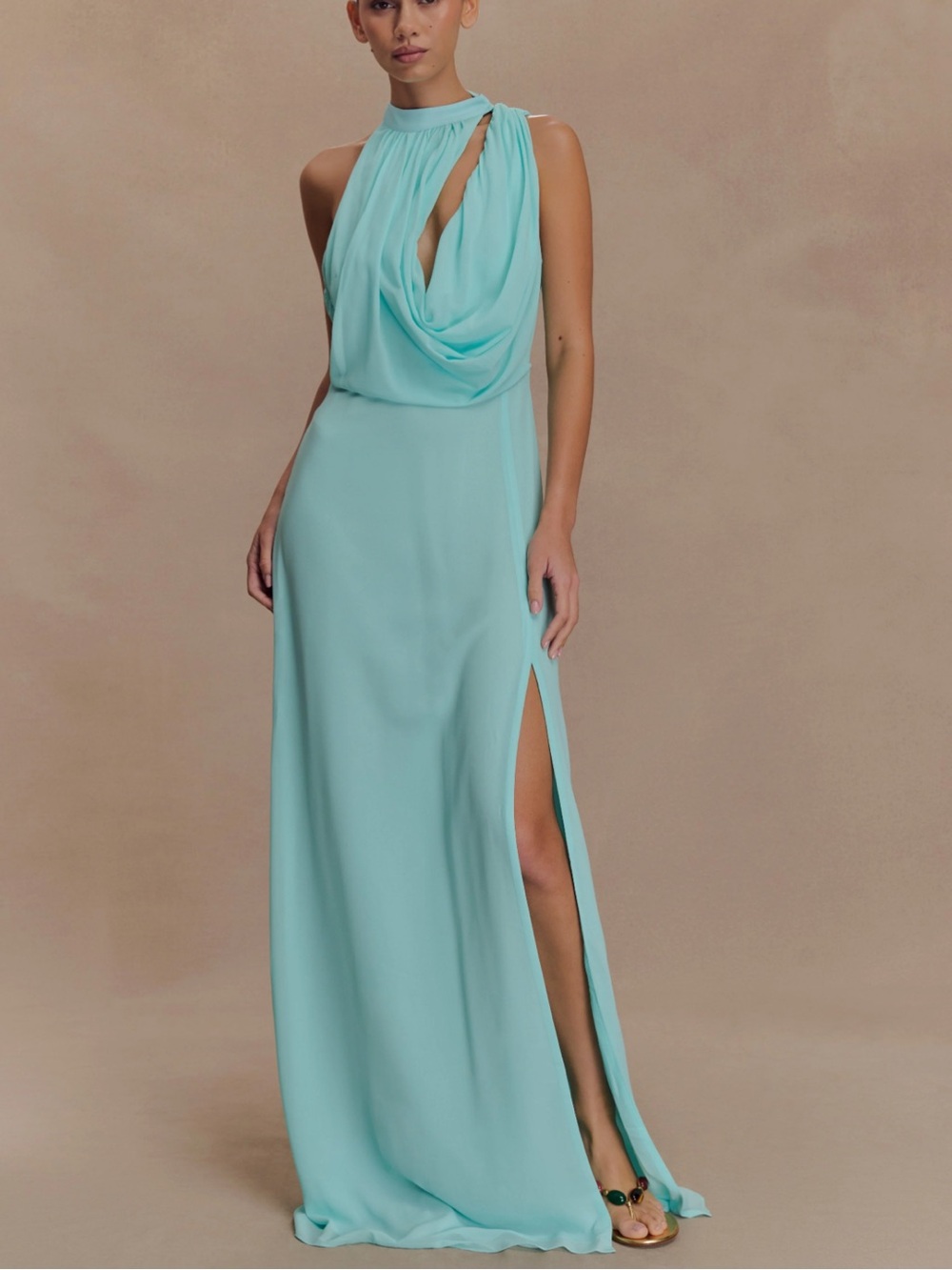 Galia Cowl Neck- Aqua Halter Maxi Dress with Draped Front